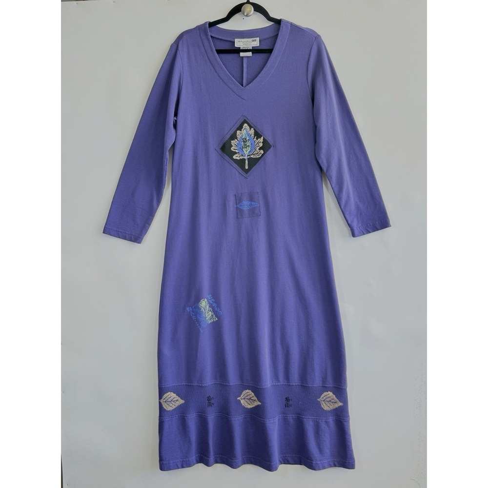 Studio G Genuine Vintage Womens Medium Purple Artsy Boho Stamped Leaf Maxi Dress